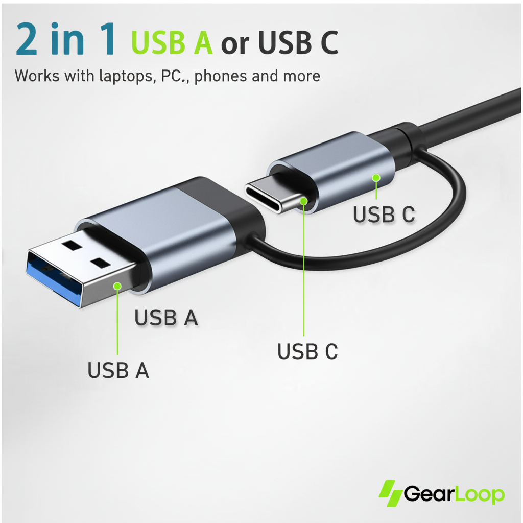 2 in 1 USB A or USB C connector graphic