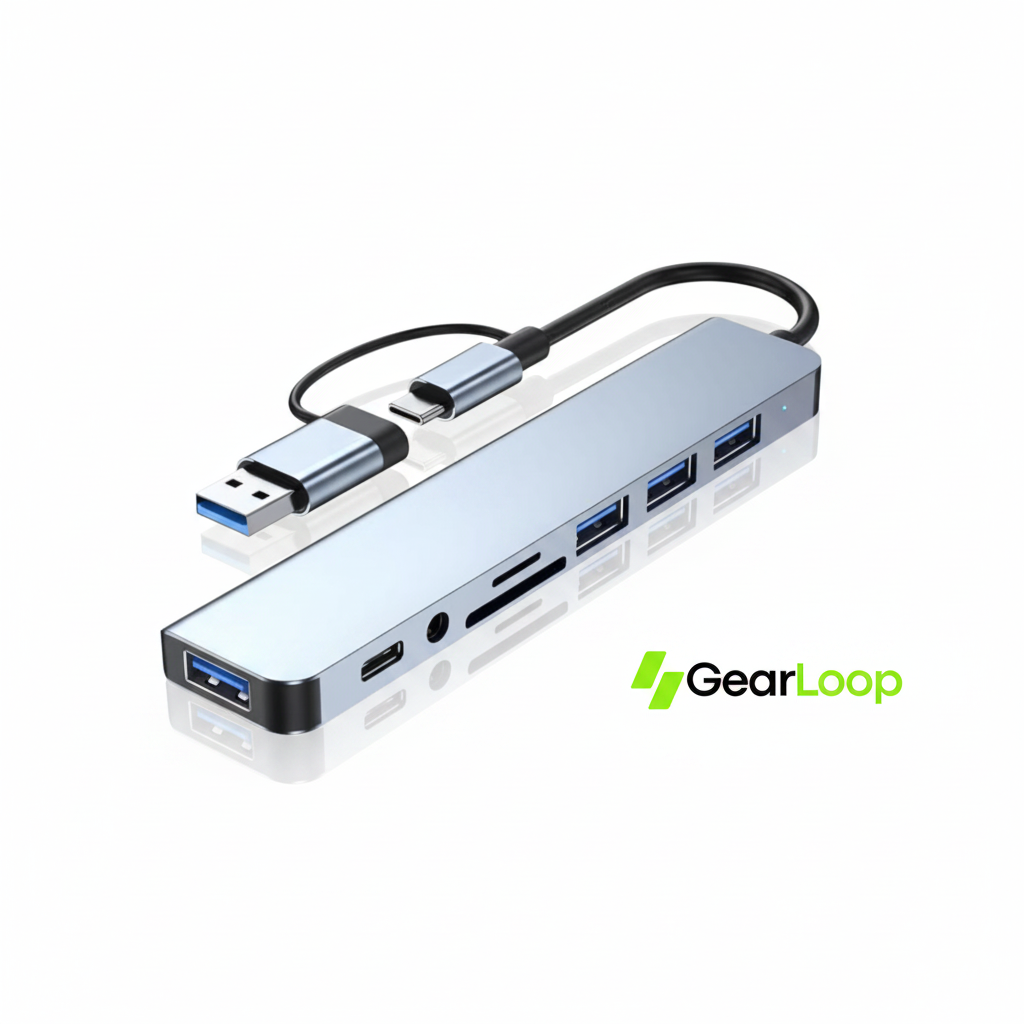 White studio hero shot of the hub with GearLoop logo